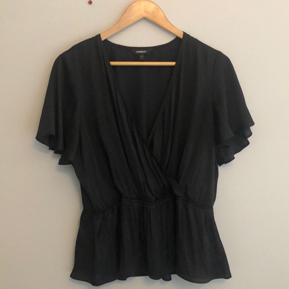 Express Silky Flutter Sleeve Deep V Wrap Peplum